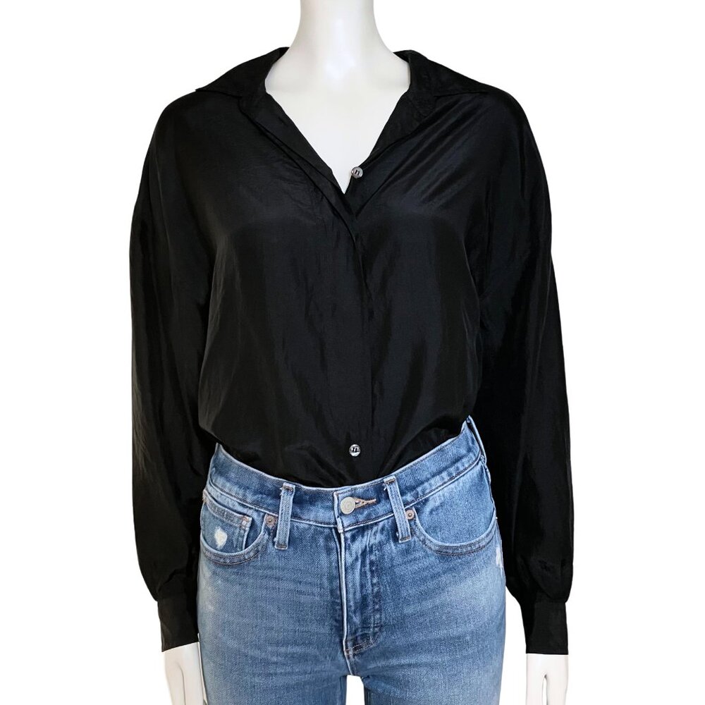 Vintage 90s 100% Silk Express Black Button Down Blouse. XS. Retro Shoulder Pads - Picture 2 of 10